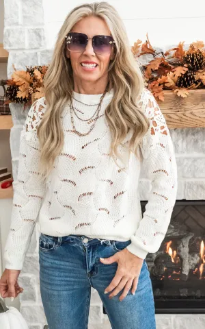 Enjoying My Now Wavy Knit Sweater w/ Lace - Ivory - Final Sale