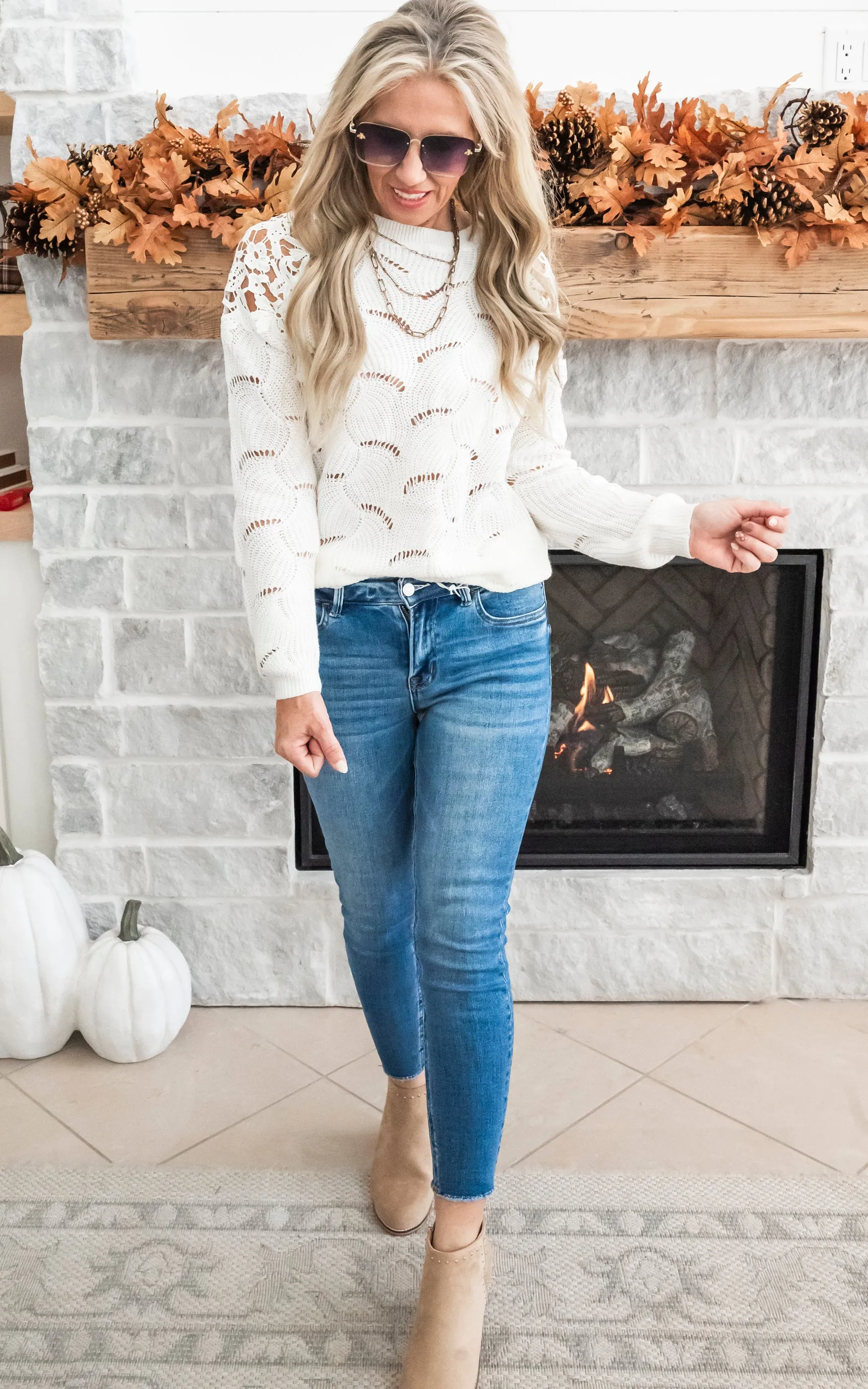 Enjoying My Now Wavy Knit Sweater w/ Lace - Ivory - Final Sale