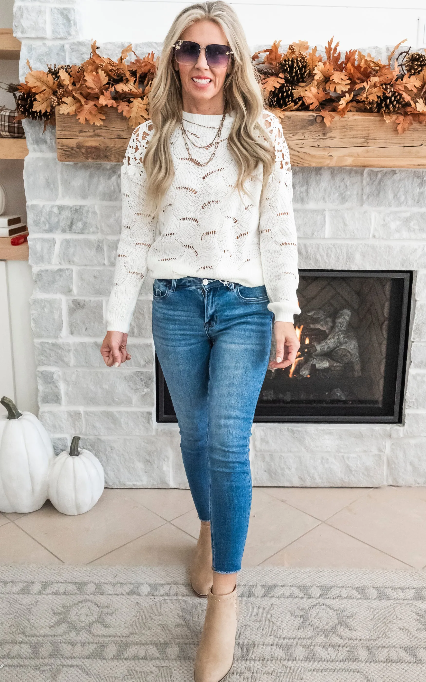 Enjoying My Now Wavy Knit Sweater w/ Lace - Ivory - Final Sale