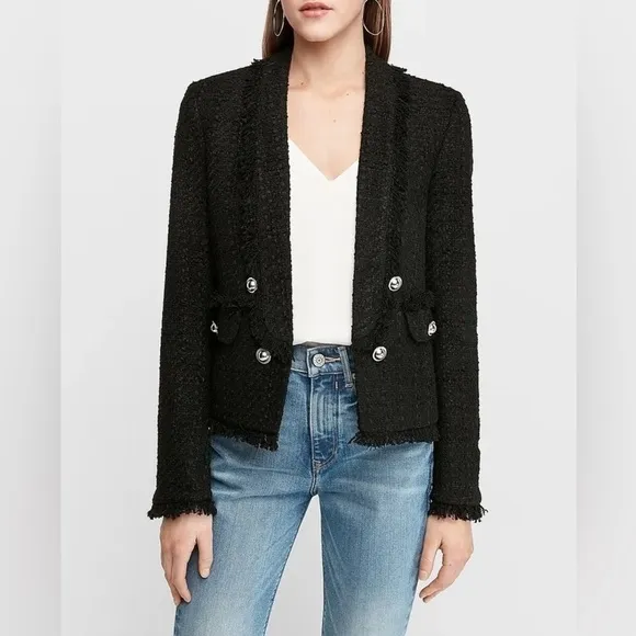 Express Black Button-Front Bouclé Blazer - Classic Sophistication and Chic Style