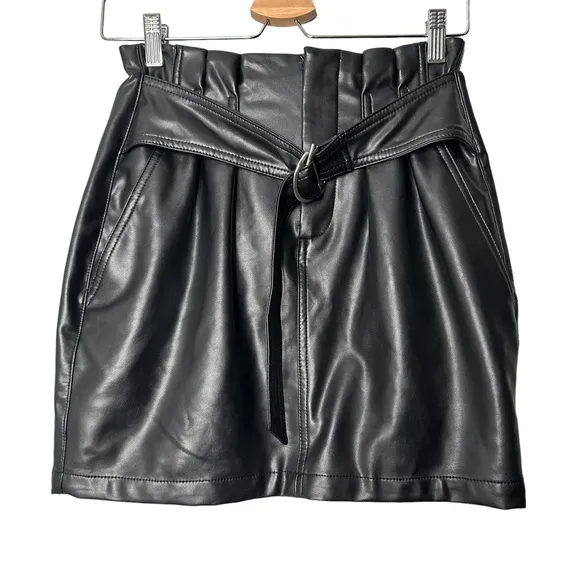 Express Faux Leather Belted Mini Skirt in Pitch Black NEW