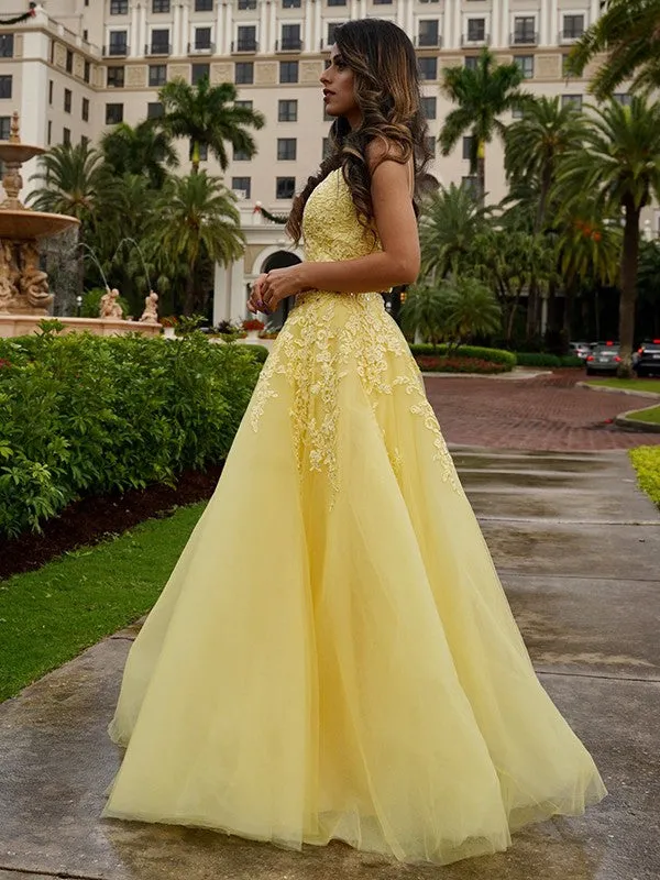 Floor-Length Two Piece Yellow Lace Prom Dresses A-Line Tulle  V-neck Sleeveless