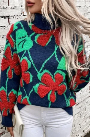 Floral Knit Turtleneck Sweater