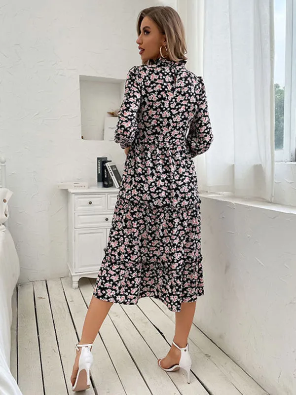 Floral Print Midi Dress with Long Sleeves and High Neck
