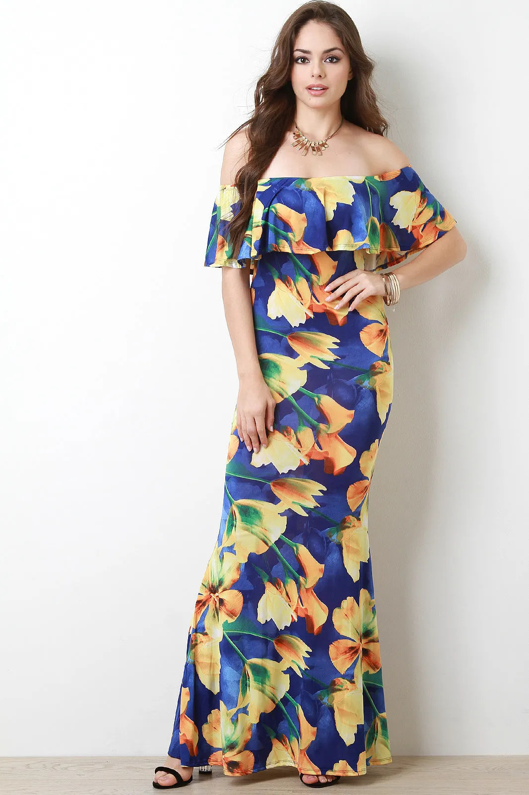 Flutter Bardot Floral Fitted Maxi Dress