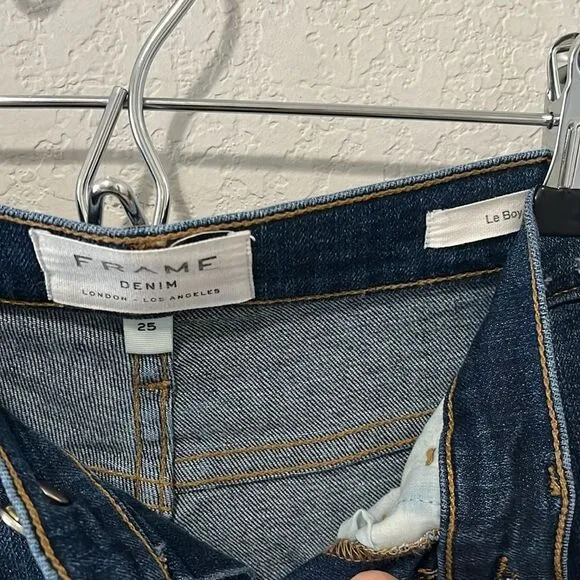 FRAME Denim Le Boy Jeans High Rise Burnett Raw Hem w Slit Gold Rivets, Size 25