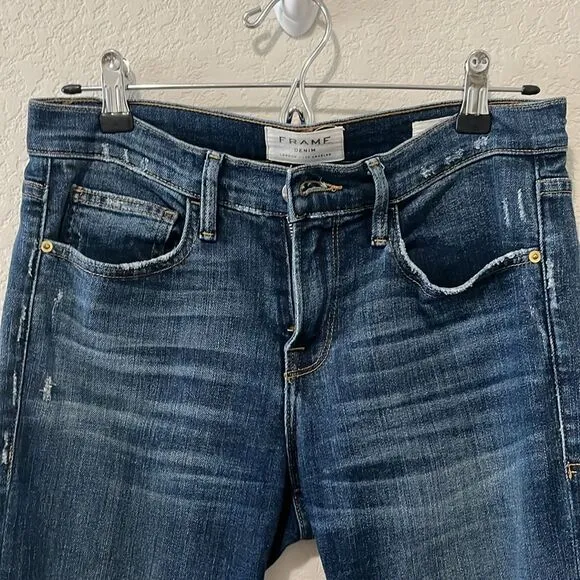 FRAME Denim Le Boy Jeans High Rise Burnett Raw Hem w Slit Gold Rivets, Size 25