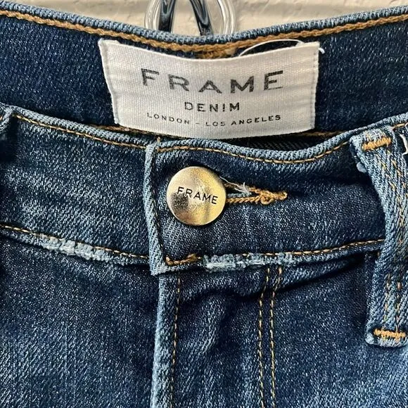 FRAME Denim Le Boy Jeans High Rise Burnett Raw Hem w Slit Gold Rivets, Size 25
