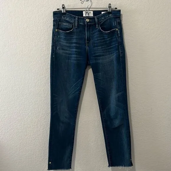 FRAME Denim Le Boy Jeans High Rise Burnett Raw Hem w Slit Gold Rivets, Size 25