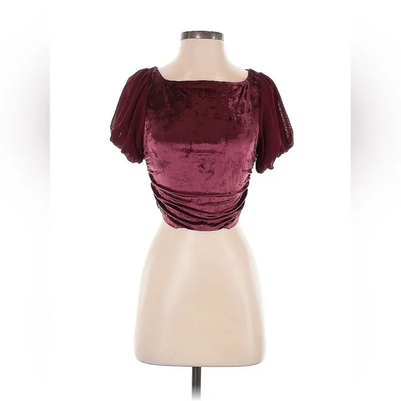 Free People Intimately Velvet Ruched Puff Sleeve Crop Top – Size XS, NWT