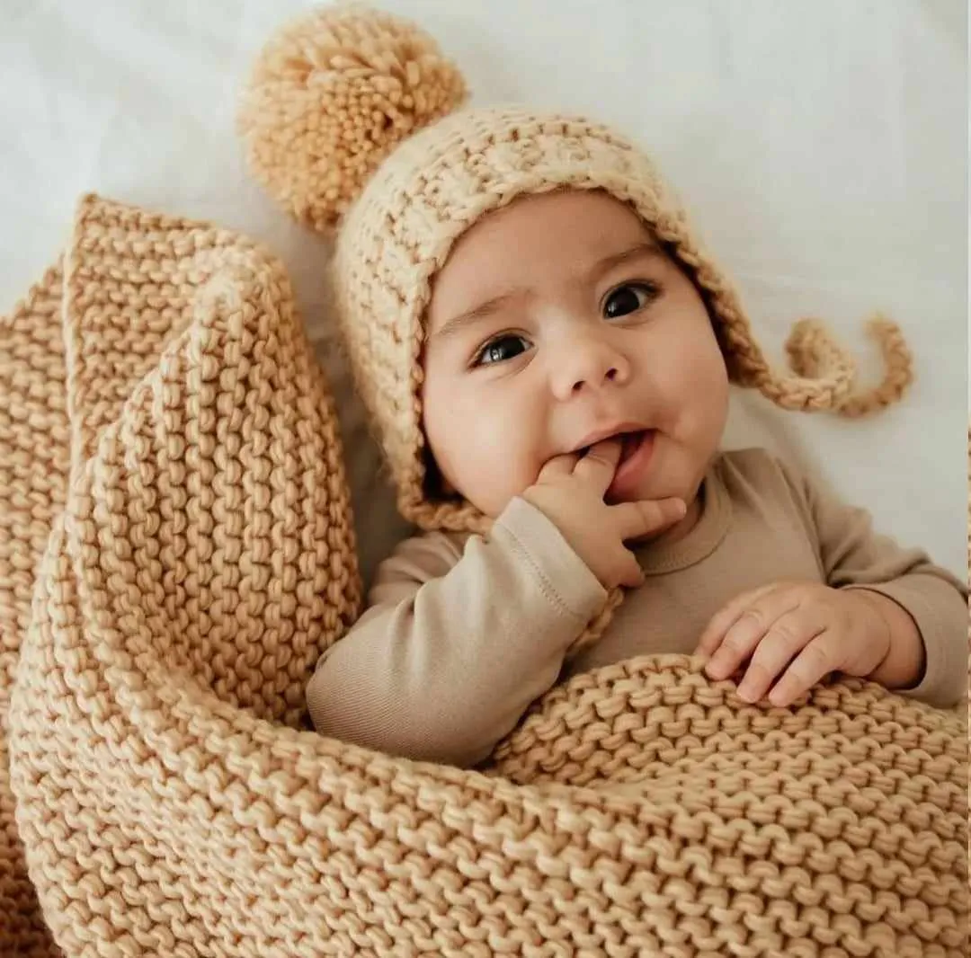 GARTER STITCH KNIT BABY BLANKET - LATTE