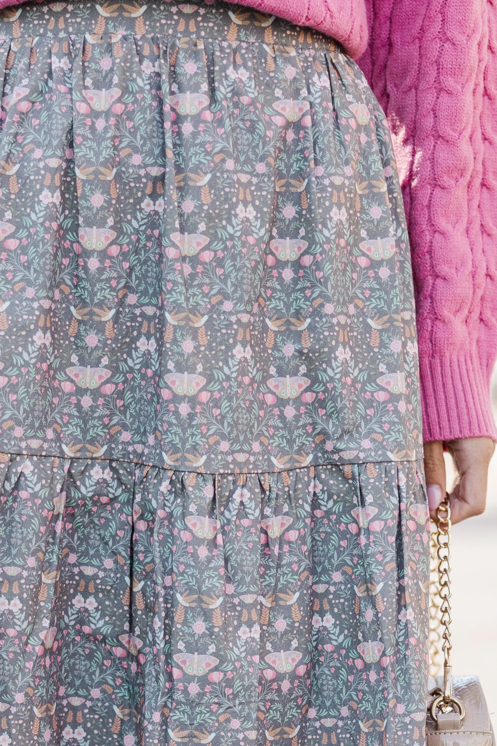 Getting Close Brown Floral Midi Skirt