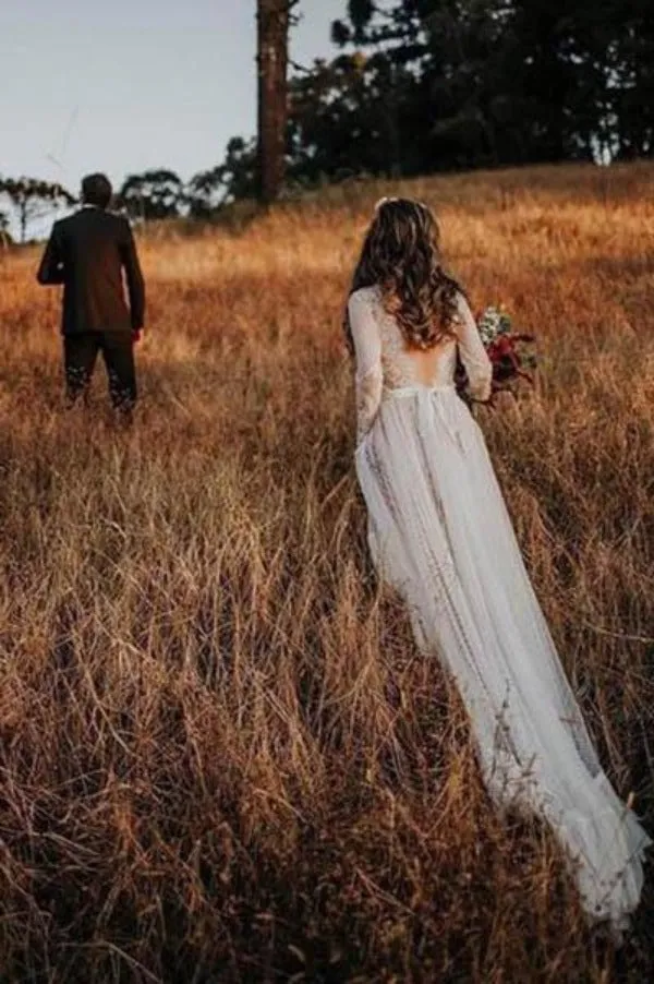 Gorgeous Lace Polka Dot Boho Wedding Dresses, Bridal Dress with Sleeves, SW269