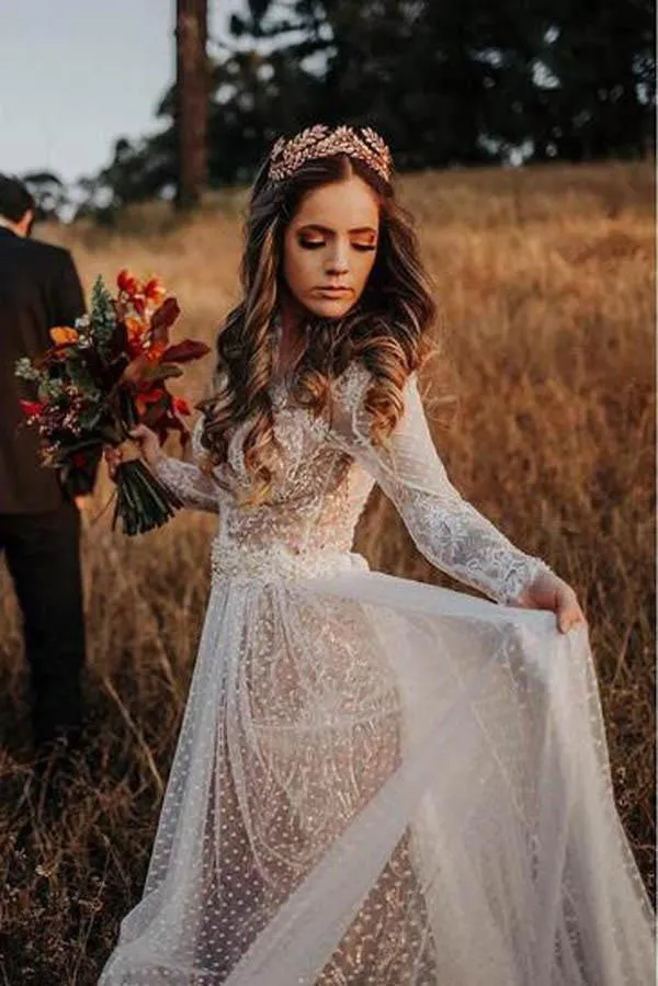 Gorgeous Lace Polka Dot Boho Wedding Dresses, Bridal Dress with Sleeves, SW269