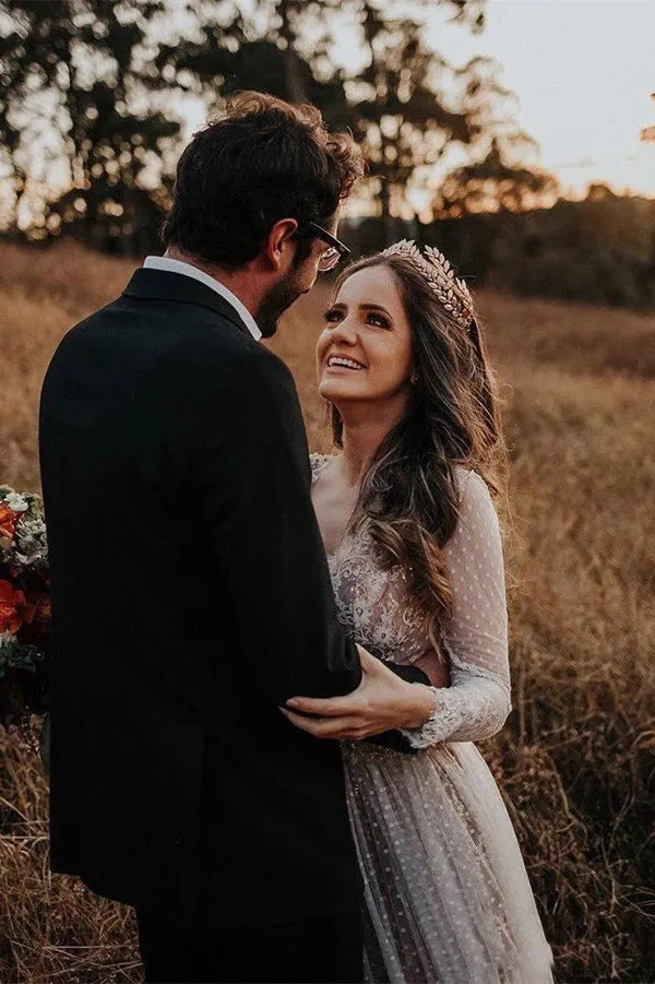 Gorgeous Lace Polka Dot Boho Wedding Dresses, Bridal Dress with Sleeves, SW269