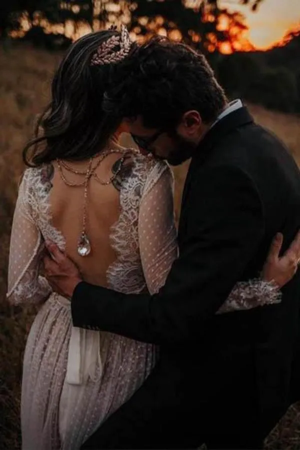 Gorgeous Lace Polka Dot Boho Wedding Dresses, Bridal Dress with Sleeves, SW269