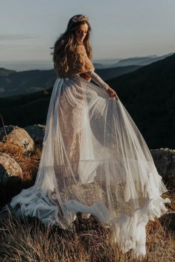 Gorgeous Lace Polka Dot Boho Wedding Dresses, Bridal Dress with Sleeves, SW269