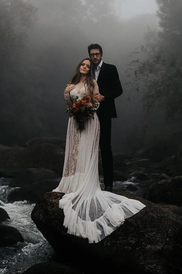 Gorgeous Lace Polka Dot Boho Wedding Dresses, Bridal Dress with Sleeves, SW269