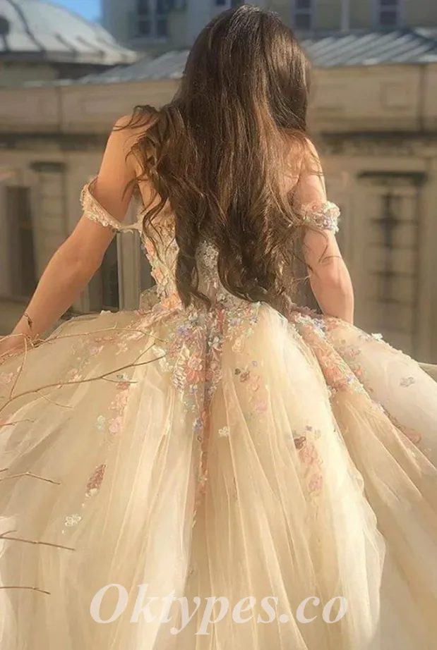 Gorgeous Tulle Off Shoulder V-Neck Sleeveless A-Line Long Prom Dresses/Ball Gown With Applique,PDS0639
