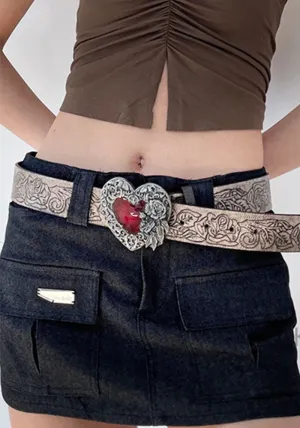 Gothic Romance Belt with Red Heart and Intricate Floral Engraving