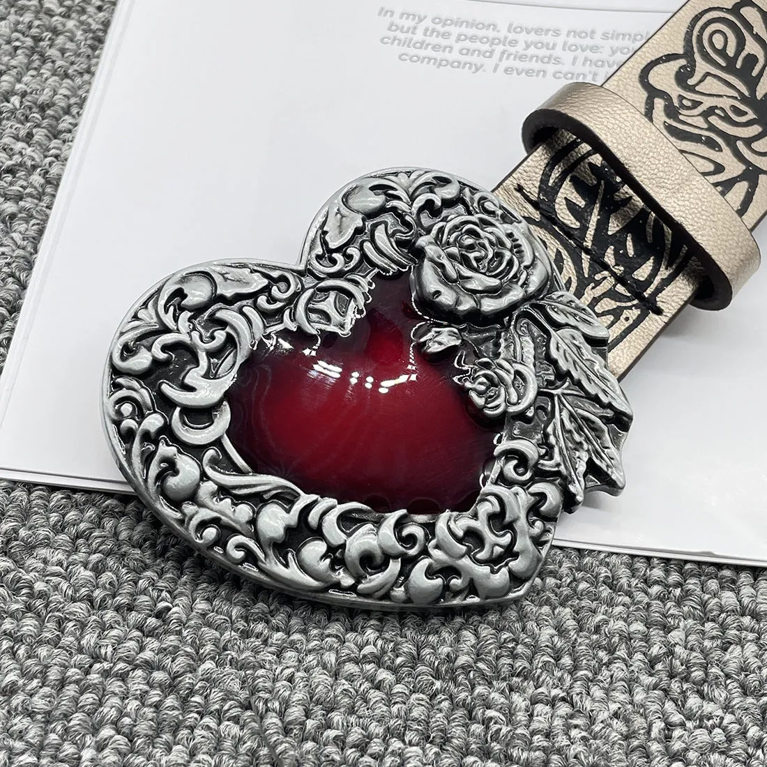 Gothic Romance Belt with Red Heart and Intricate Floral Engraving
