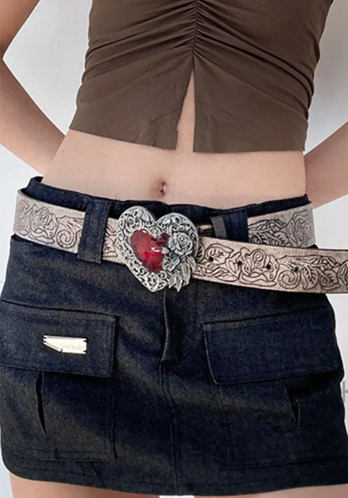 Gothic Romance Belt with Red Heart and Intricate Floral Engraving