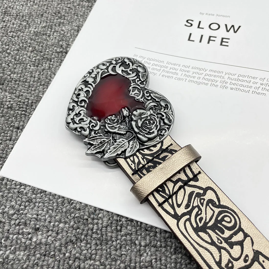 Gothic Romance Belt with Red Heart and Intricate Floral Engraving