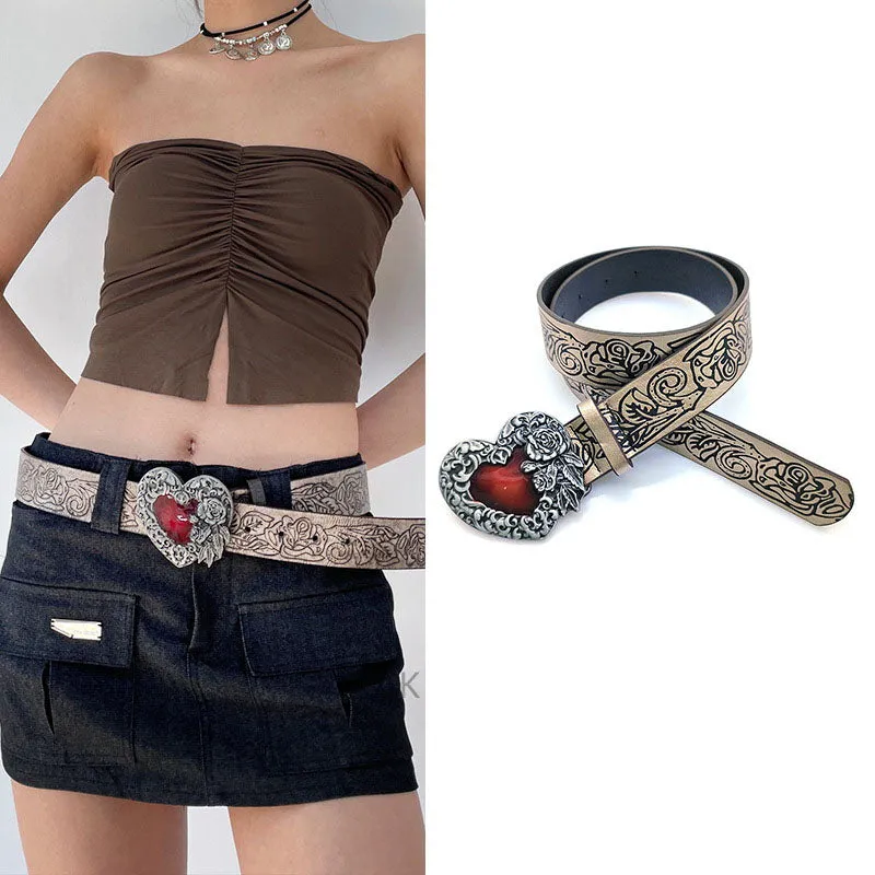 Gothic Romance Belt with Red Heart and Intricate Floral Engraving