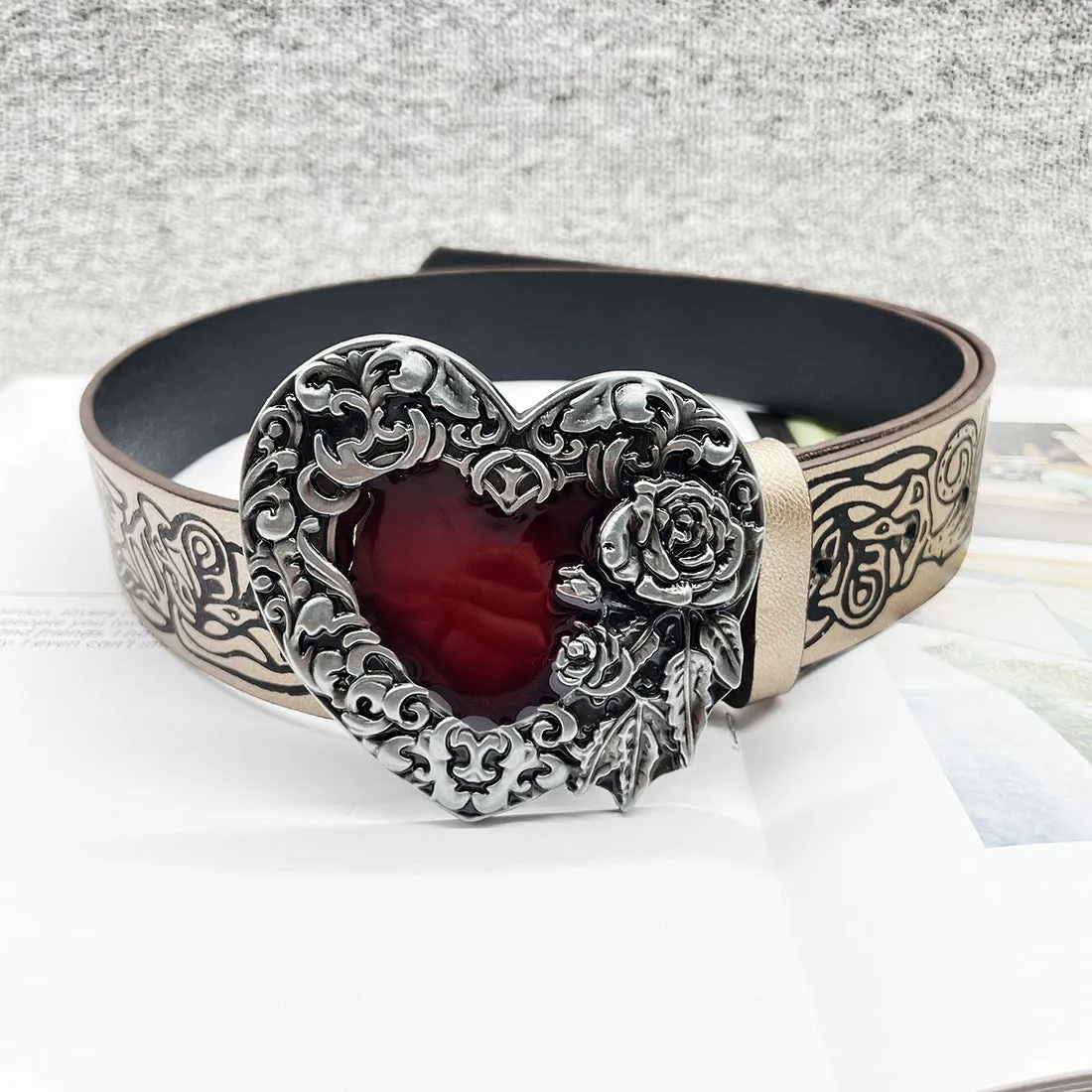 Gothic Romance Belt with Red Heart and Intricate Floral Engraving