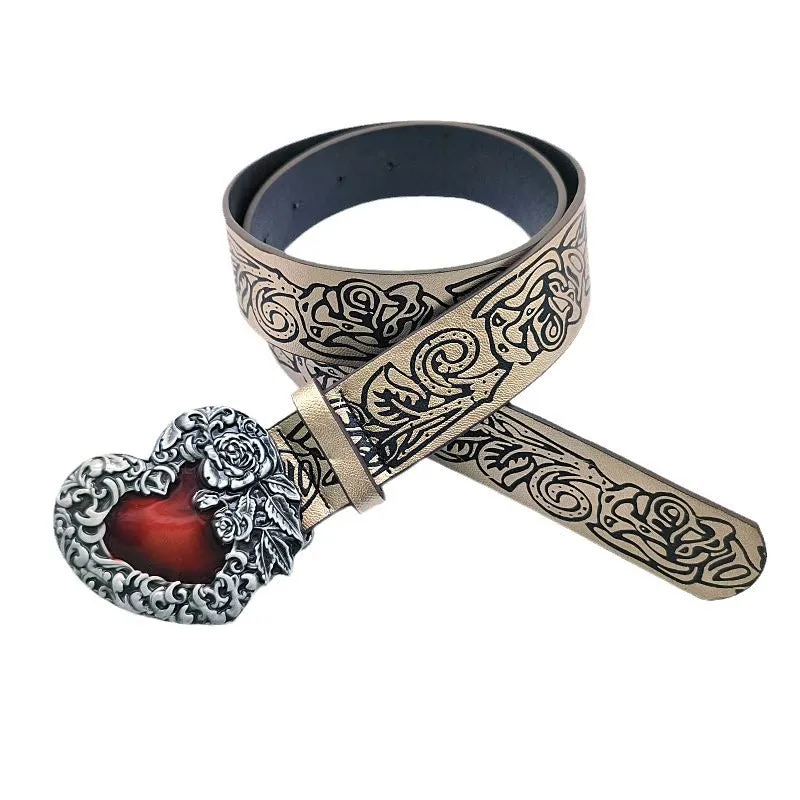 Gothic Romance Belt with Red Heart and Intricate Floral Engraving