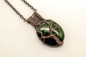 Green Dichroic Fused Glass Pendant with Copper Tree of Life