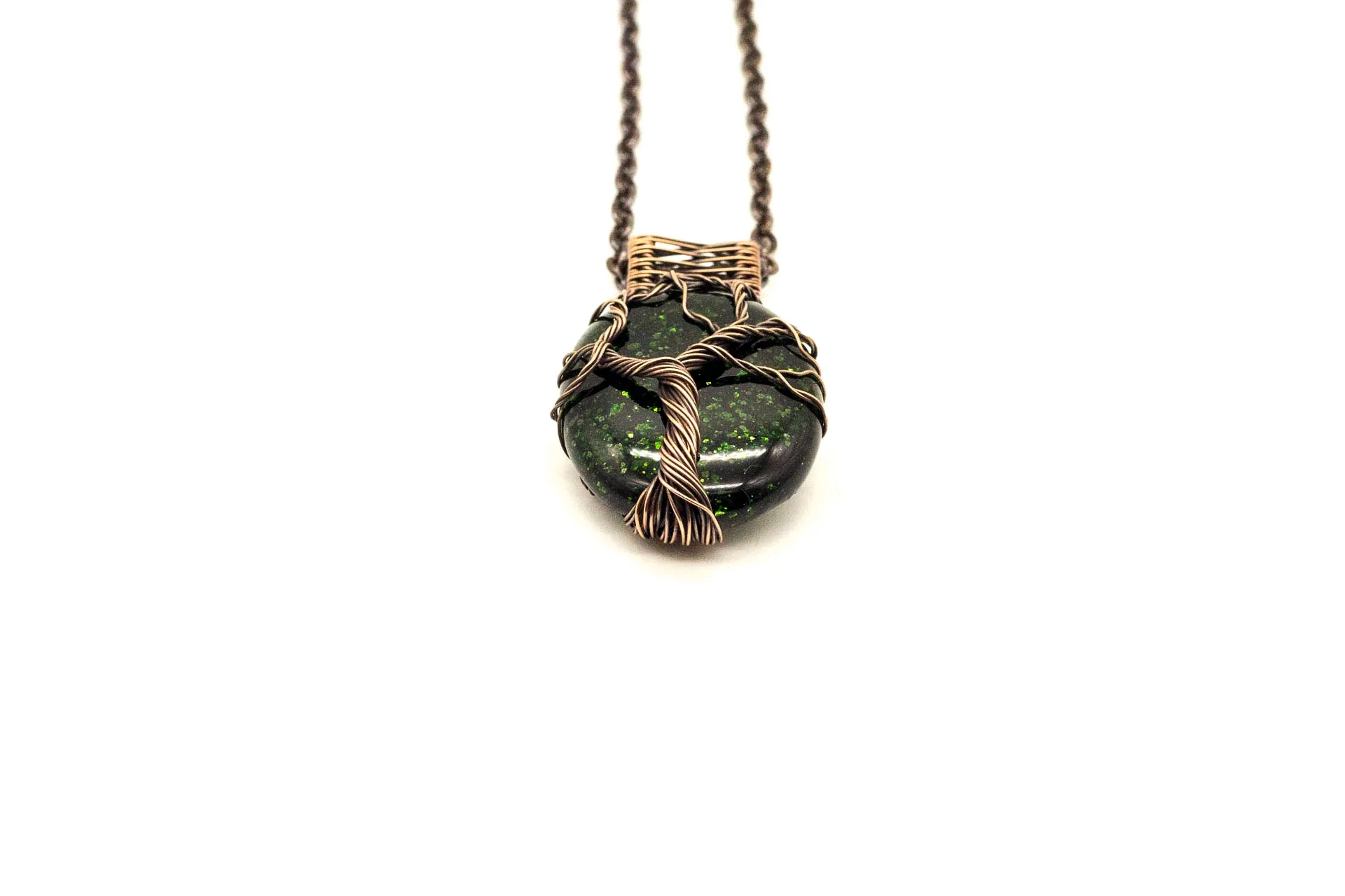 Green Dichroic Fused Glass Pendant with Copper Tree of Life