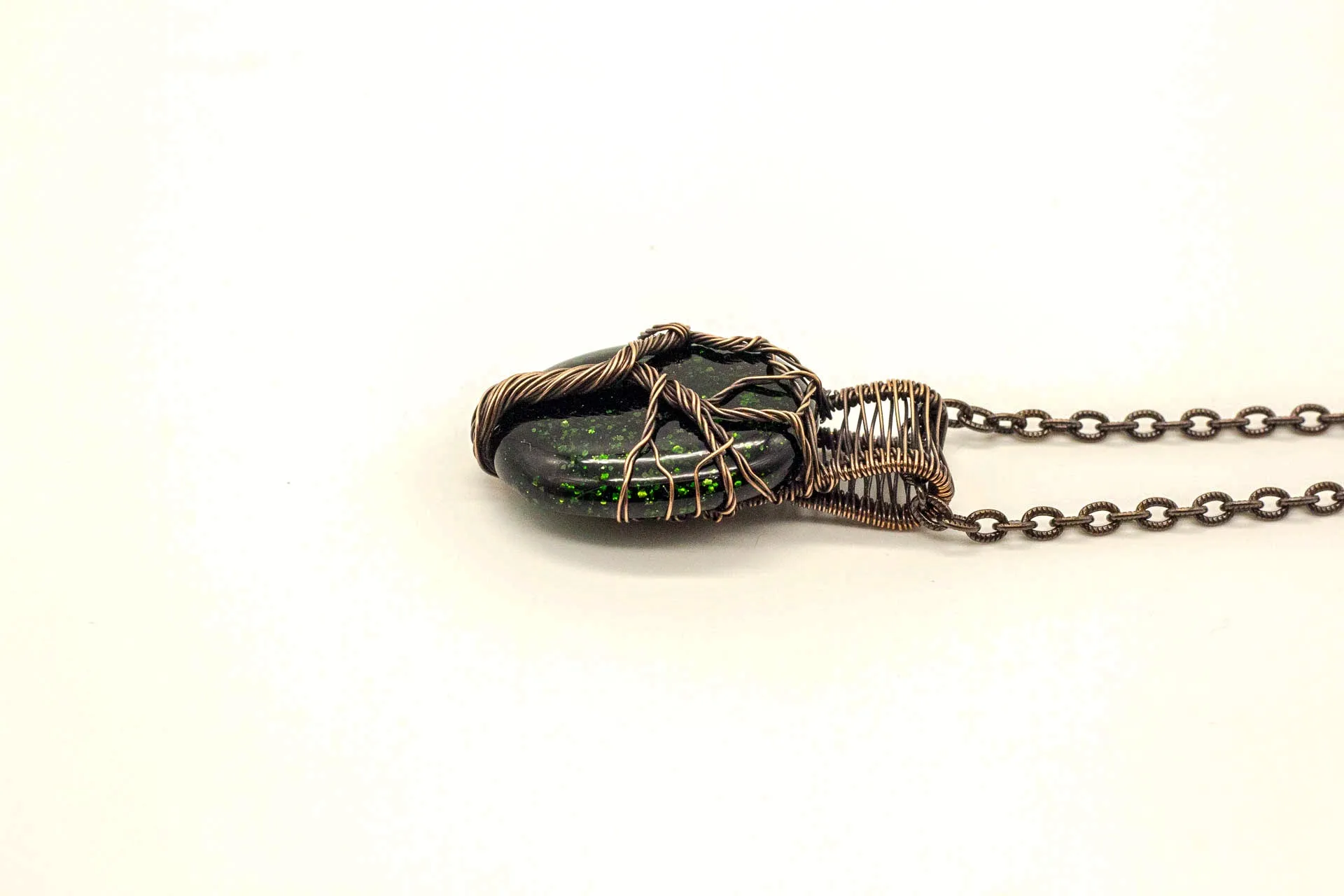 Green Dichroic Fused Glass Pendant with Copper Tree of Life