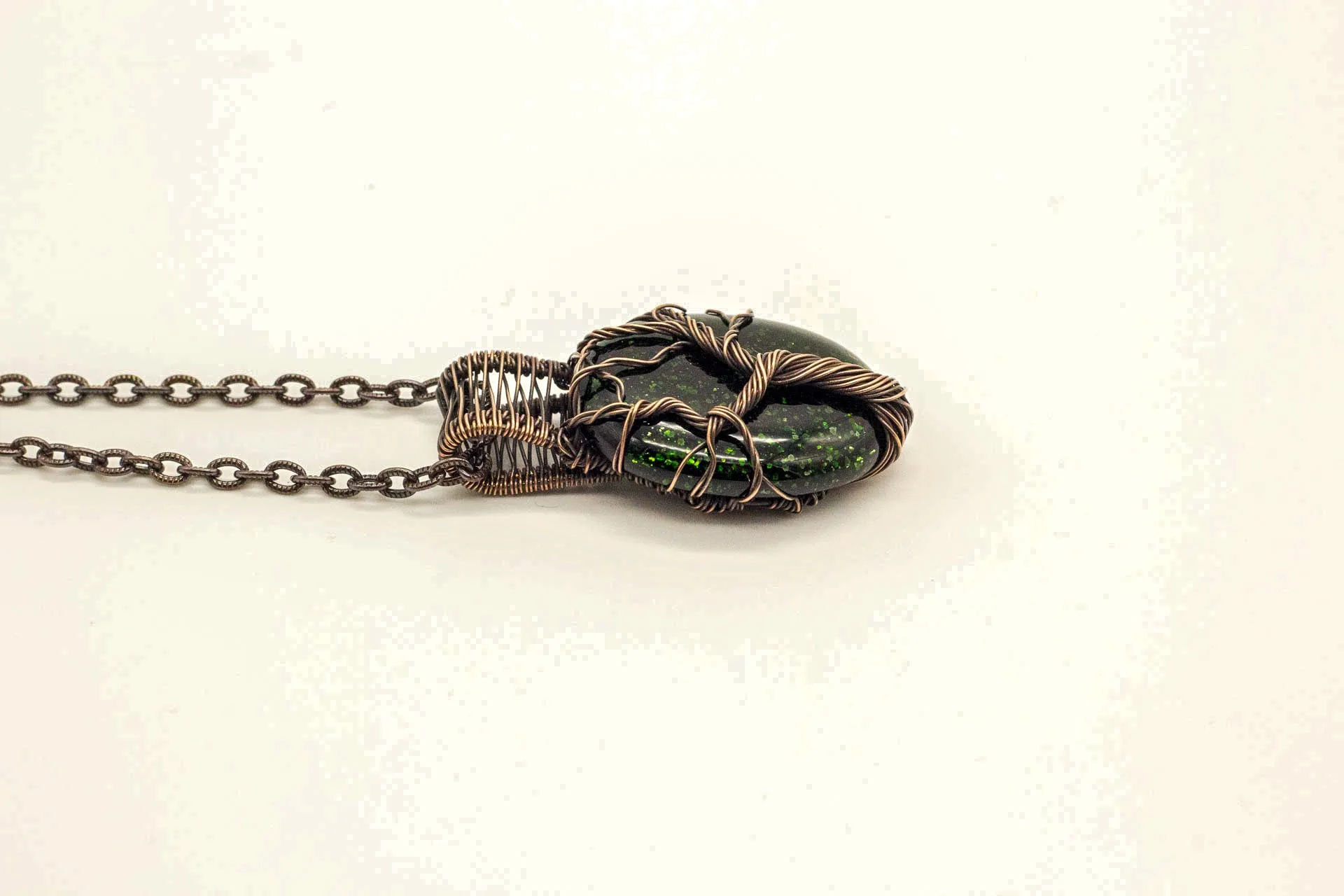 Green Dichroic Fused Glass Pendant with Copper Tree of Life