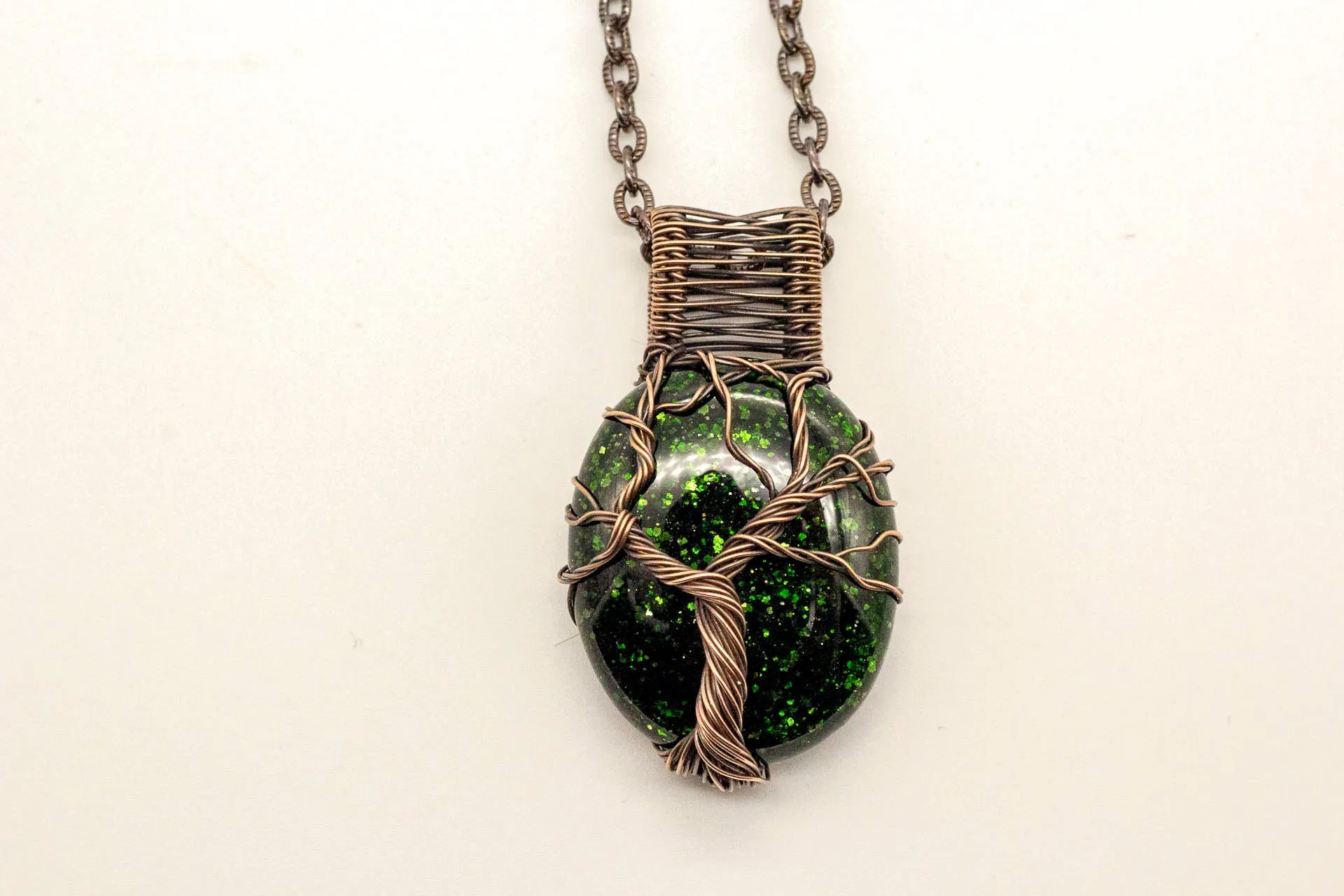 Green Dichroic Fused Glass Pendant with Copper Tree of Life