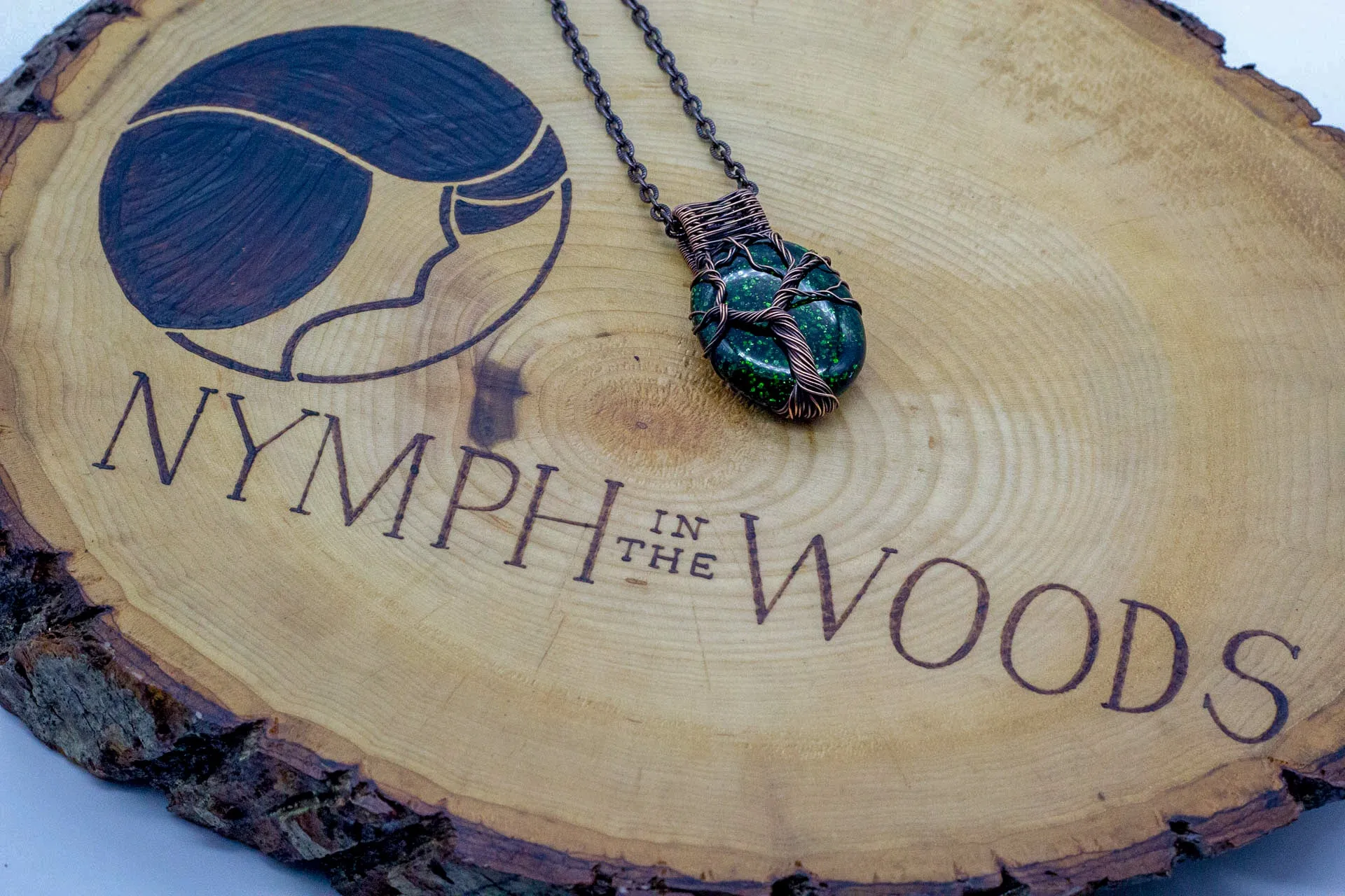 Green Dichroic Fused Glass Pendant with Copper Tree of Life