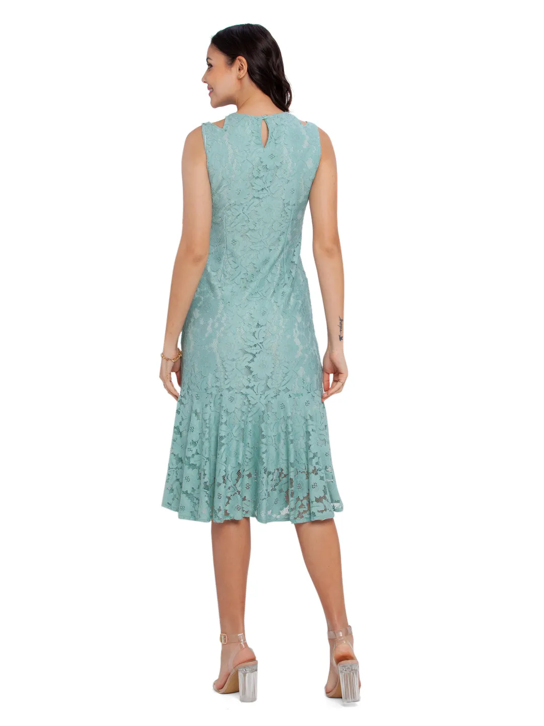 Green Lace Fitted Midi Dress