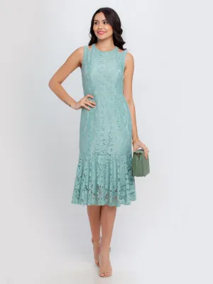 Green Lace Fitted Midi Dress