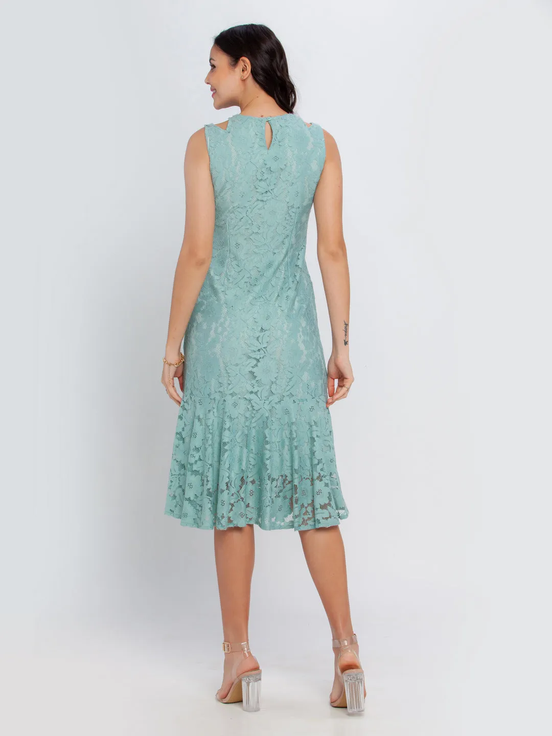 Green Lace Fitted Midi Dress