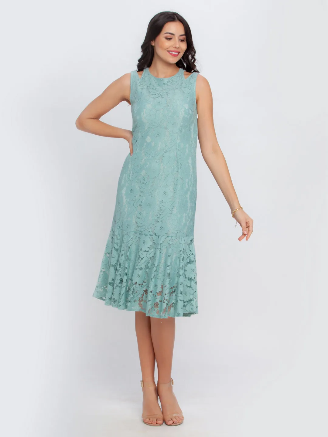 Green Lace Fitted Midi Dress