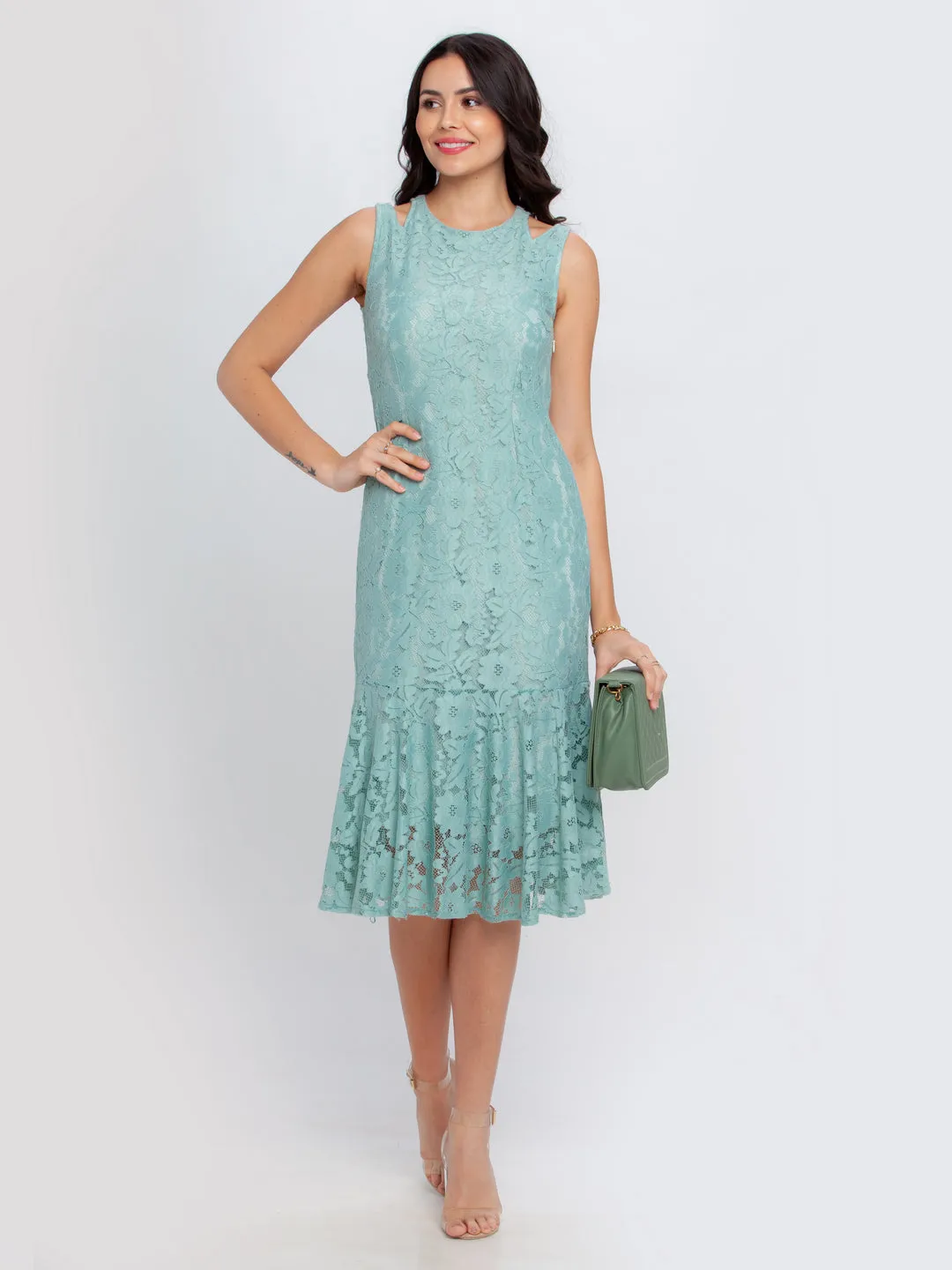 Green Lace Fitted Midi Dress