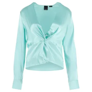 Green Silk Women Blouse with Deep V-Neck Detail