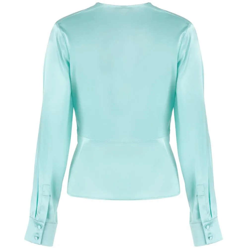 Green Silk Women Blouse with Deep V-Neck Detail