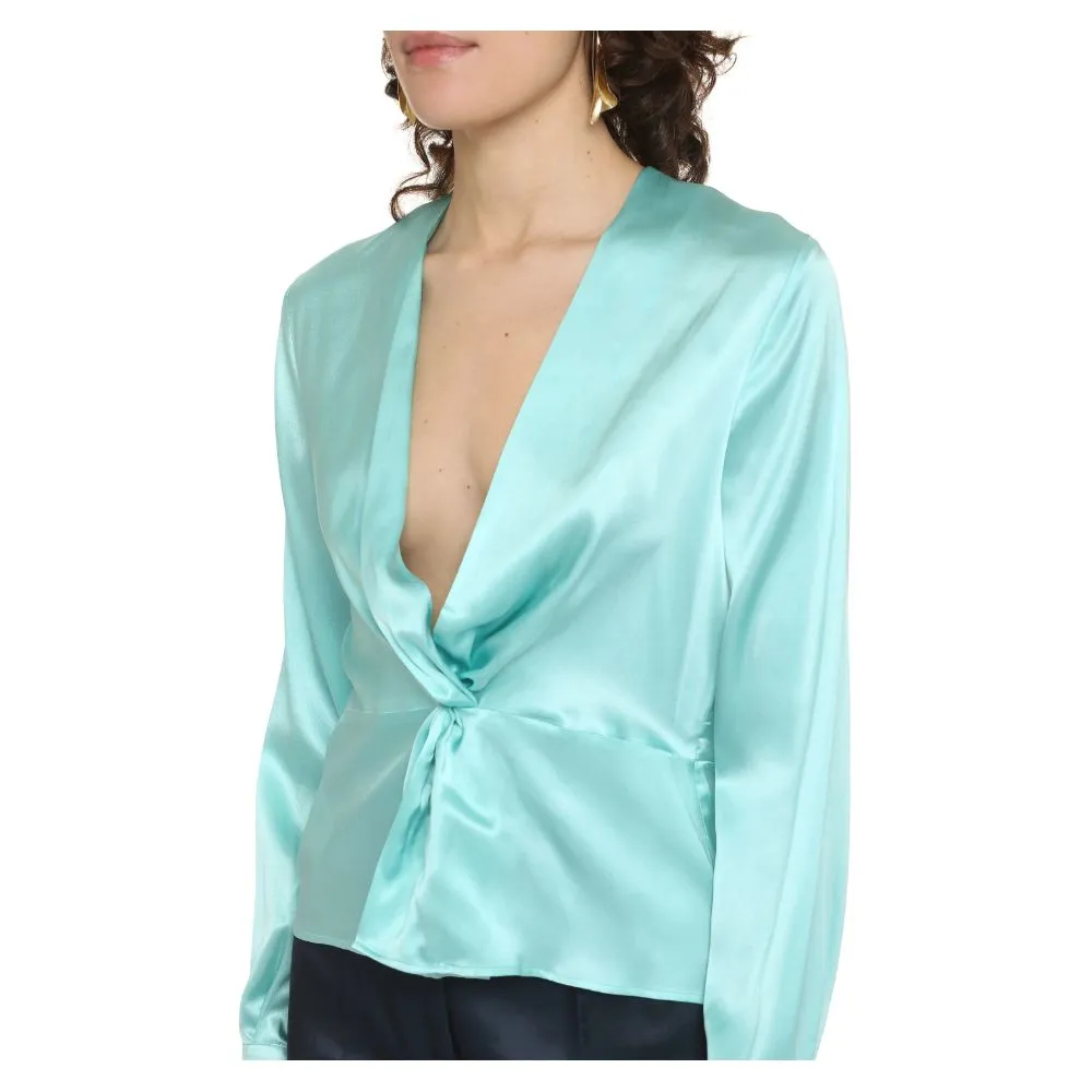 Green Silk Women Blouse with Deep V-Neck Detail