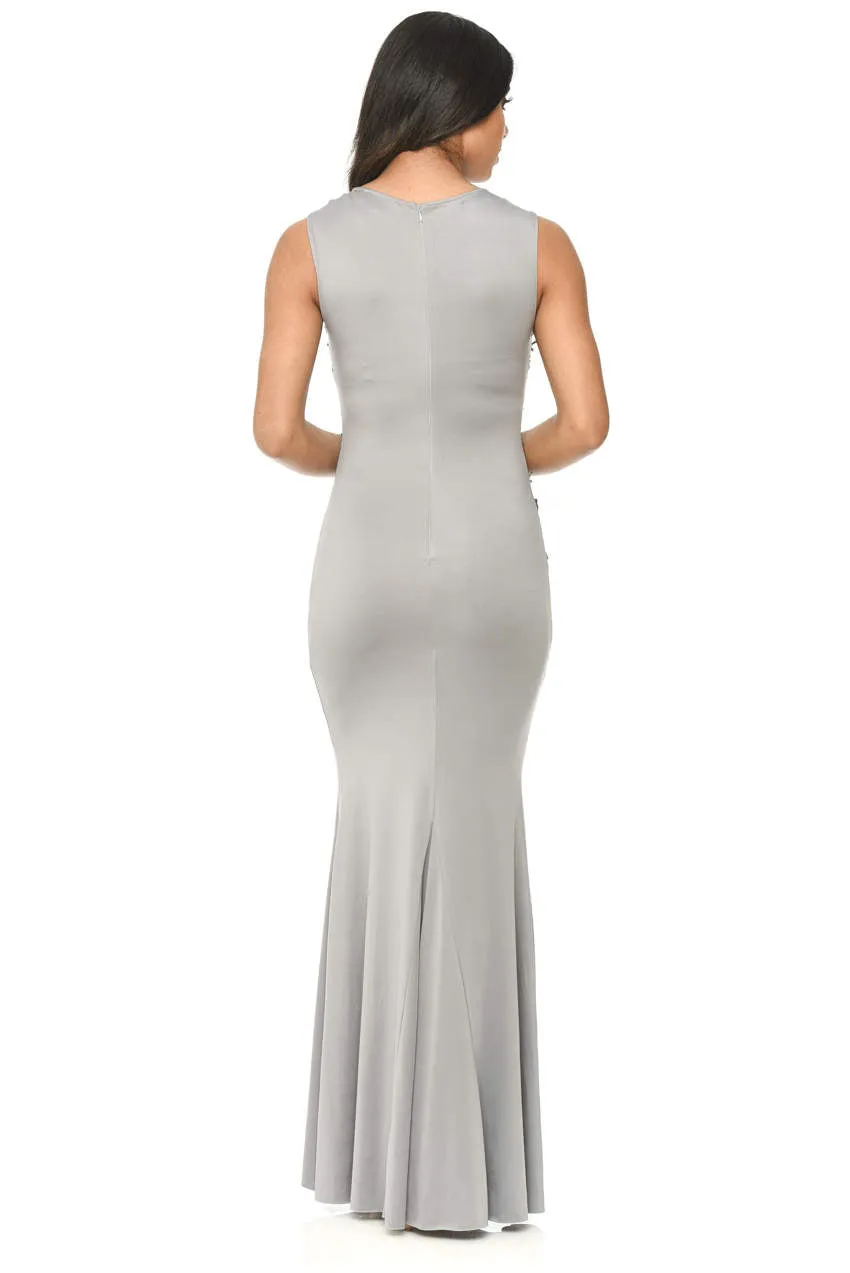 Grey Floor Length Fitted Dress With Lace Detail