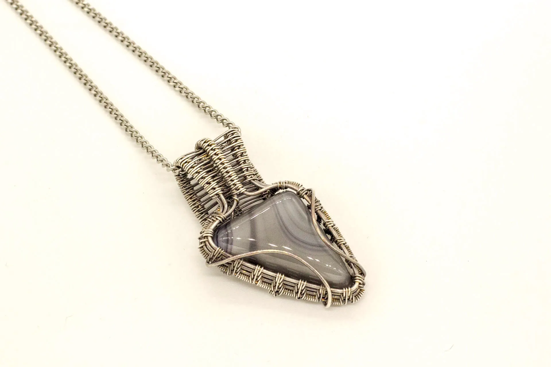 Grey Fused Glass and Sterling Silver Wire Wrapped Pendant