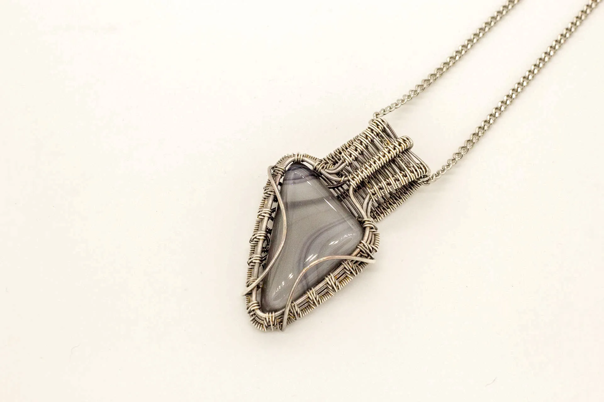 Grey Fused Glass and Sterling Silver Wire Wrapped Pendant