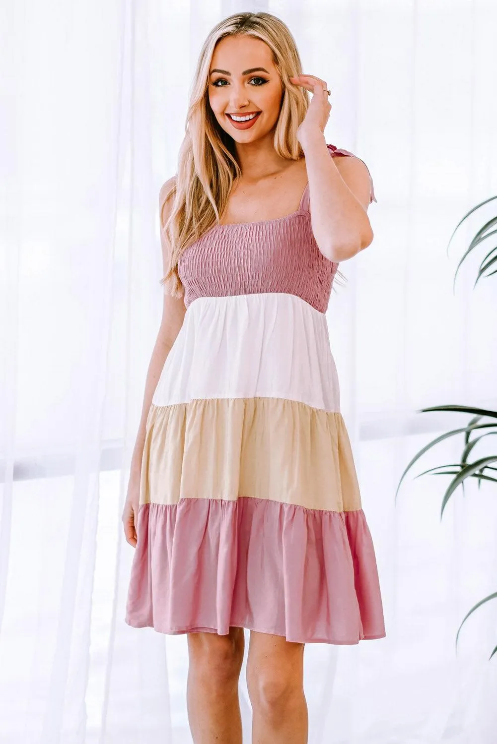 Hazel Blues® | Color Block Tie Shoulder Tiered Dress