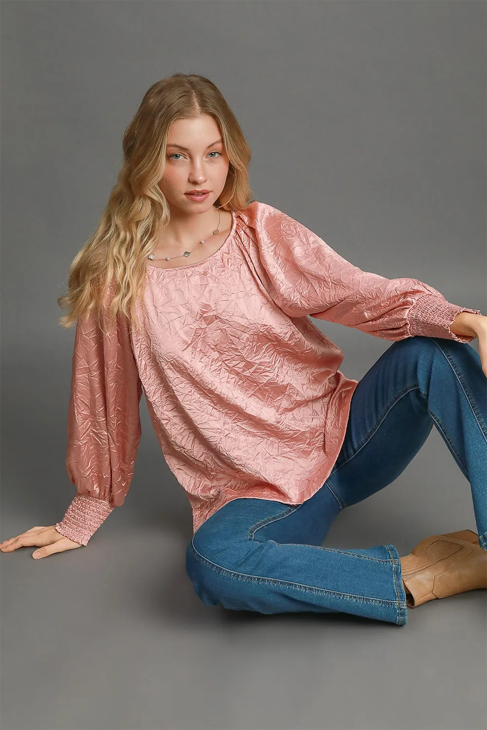 Hazel Blues® |  Umgee Wrinkled Round Neck Lantern Sleeve Blouse