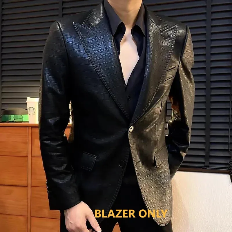 High Quality Men Faux Leather Blazer Suit Hombre Plaid Coat Slim Long Sleeve Gentleman Suit Blazers Chaquetas Hombre De Vestir